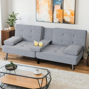 Shahoo Modern Linen Upholstered Convertible Folding Futon Sofa Bed with Removable Armrests, Metal Legs, 2 Cup Holders for Living Room - Wigtrends