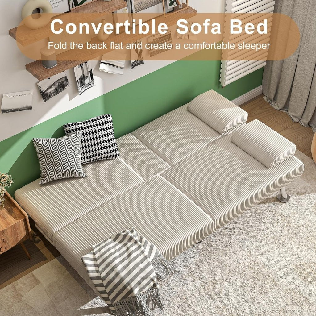 Shahoo Modern Linen Upholstered Convertible Folding Futon Sofa Bed with Removable Armrests, Metal Legs, 2 Cup Holders for Living Room - Wigtrends