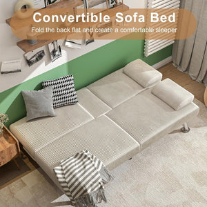 Shahoo Modern Linen Upholstered Convertible Folding Futon Sofa Bed with Removable Armrests, Metal Legs, 2 Cup Holders for Living Room - Wigtrends