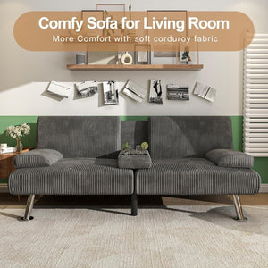 Shahoo Modern Linen Upholstered Convertible Folding Futon Sofa Bed with Removable Armrests, Metal Legs, 2 Cup Holders for Living Room - Wigtrends