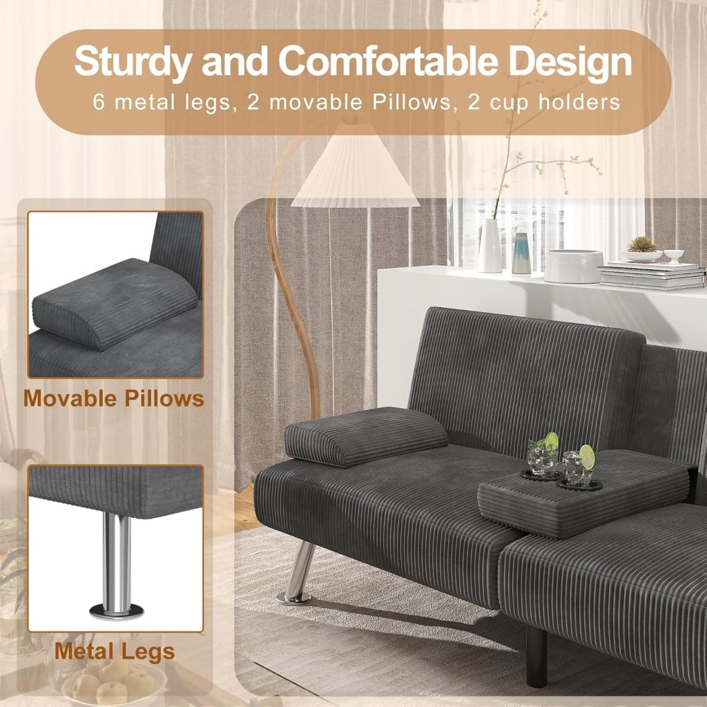Shahoo Modern Linen Upholstered Convertible Folding Futon Sofa Bed with Removable Armrests, Metal Legs, 2 Cup Holders for Living Room - Wigtrends