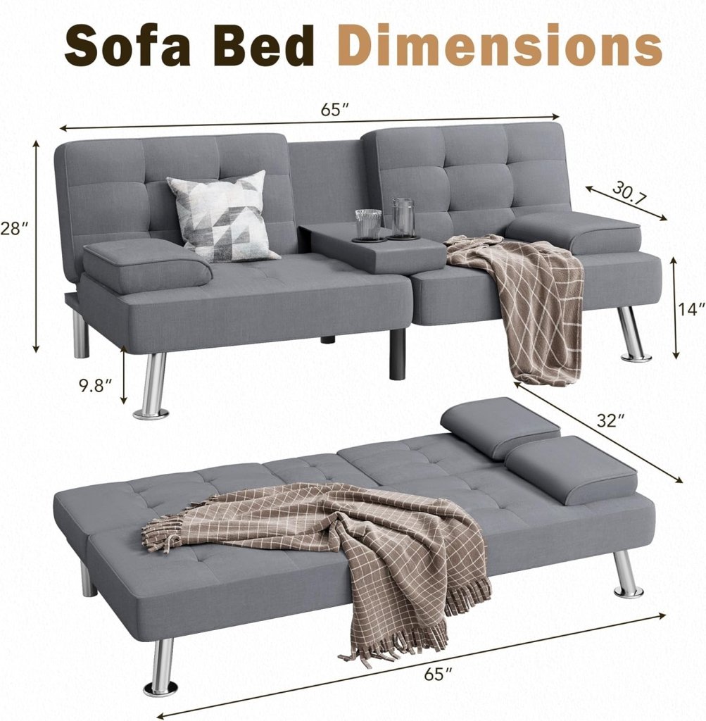 Shahoo Modern Linen Upholstered Convertible Folding Futon Sofa Bed with Removable Armrests, Metal Legs, 2 Cup Holders for Living Room - Wigtrends
