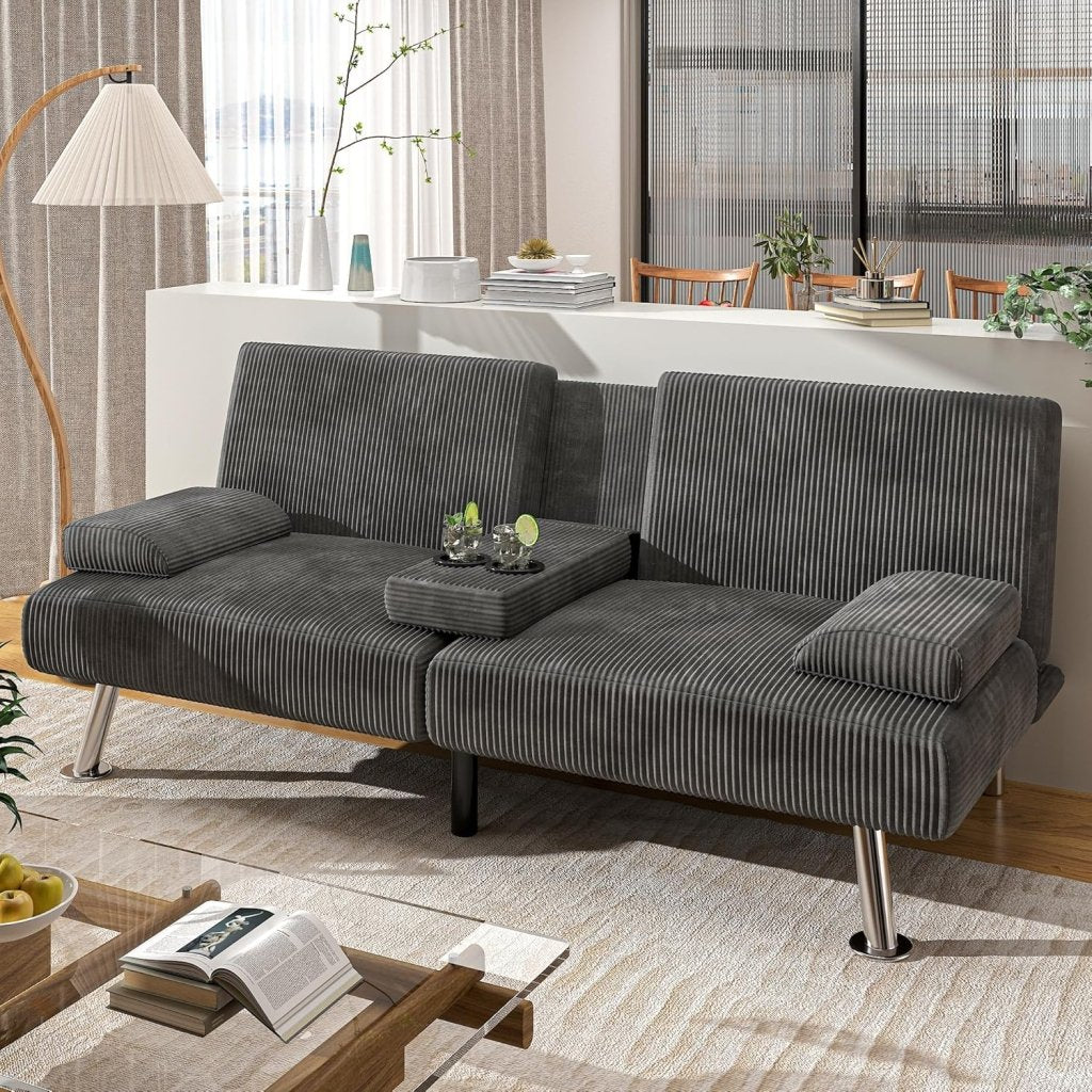 Shahoo Modern Linen Upholstered Convertible Folding Futon Sofa Bed with Removable Armrests, Metal Legs, 2 Cup Holders for Living Room - Wigtrends