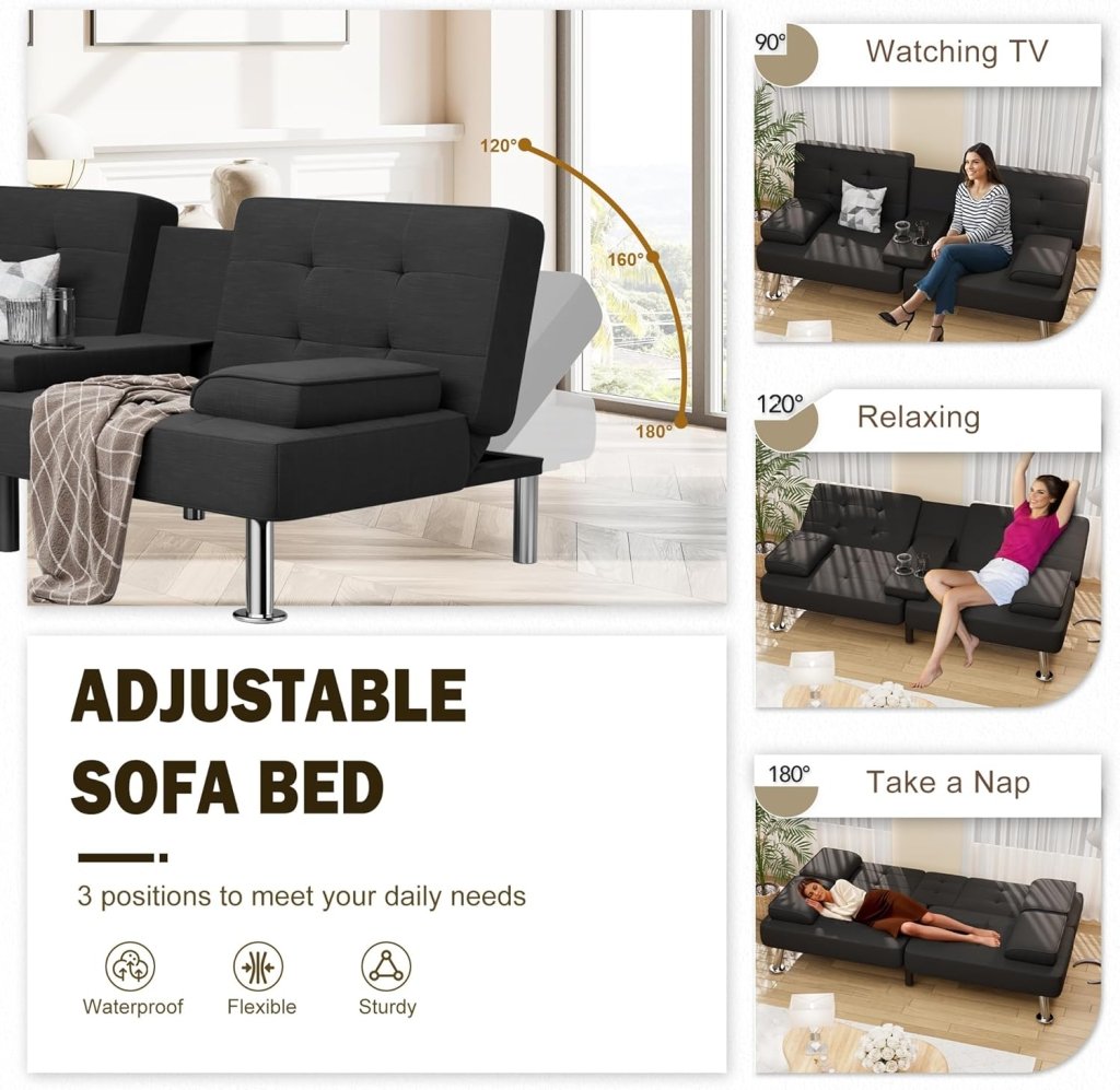 Shahoo Modern Linen Upholstered Convertible Folding Futon Sofa Bed with Removable Armrests, Metal Legs, 2 Cup Holders for Living Room - Wigtrends
