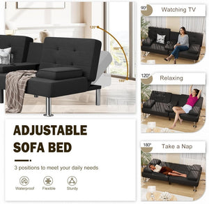Shahoo Modern Linen Upholstered Convertible Folding Futon Sofa Bed with Removable Armrests, Metal Legs, 2 Cup Holders for Living Room - Wigtrends