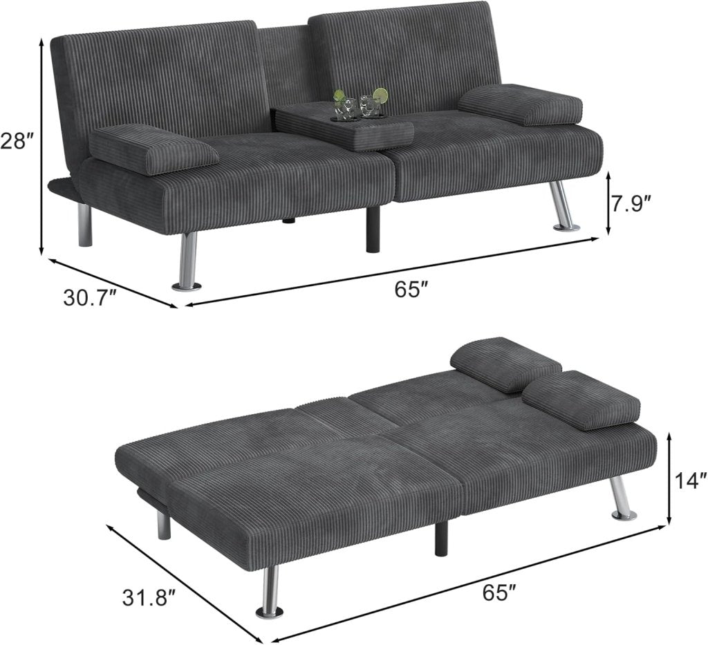 Shahoo Modern Linen Upholstered Convertible Folding Futon Sofa Bed with Removable Armrests, Metal Legs, 2 Cup Holders for Living Room - Wigtrends