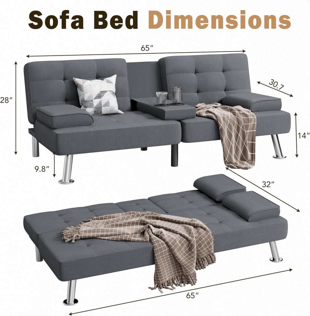 Shahoo Modern Linen Upholstered Convertible Folding Futon Sofa Bed with Removable Armrests, Metal Legs, 2 Cup Holders for Living Room - Wigtrends