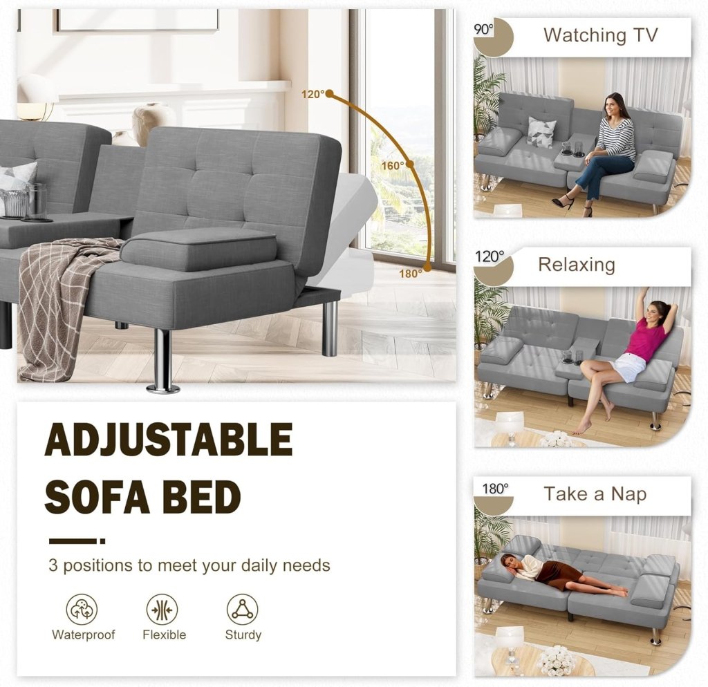 Shahoo Modern Linen Upholstered Convertible Folding Futon Sofa Bed with Removable Armrests, Metal Legs, 2 Cup Holders for Living Room - Wigtrends