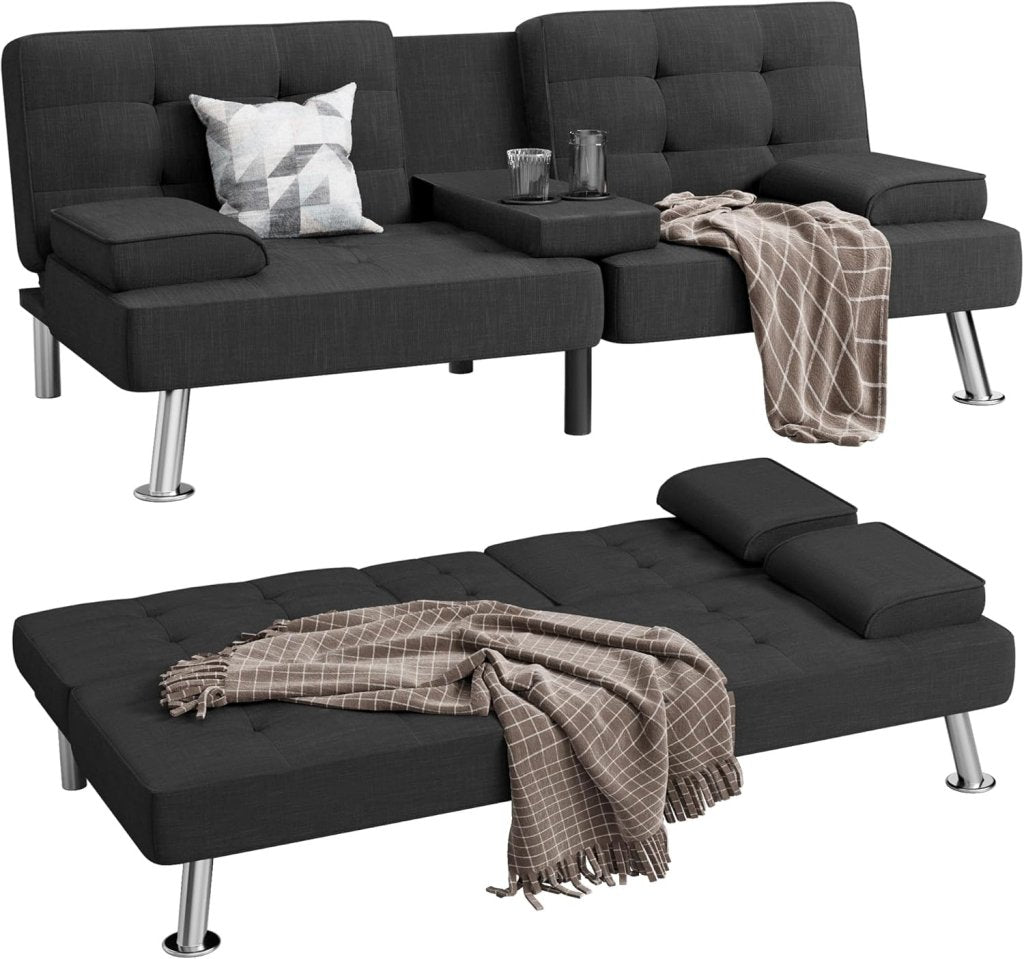 Shahoo Modern Linen Upholstered Convertible Folding Futon Sofa Bed with Removable Armrests, Metal Legs, 2 Cup Holders for Living Room - Wigtrends