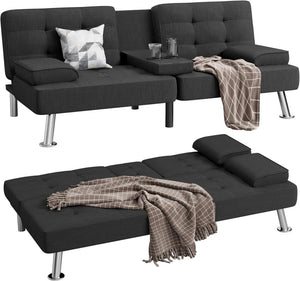 Shahoo Modern Linen Upholstered Convertible Folding Futon Sofa Bed with Removable Armrests, Metal Legs, 2 Cup Holders for Living Room - Wigtrends