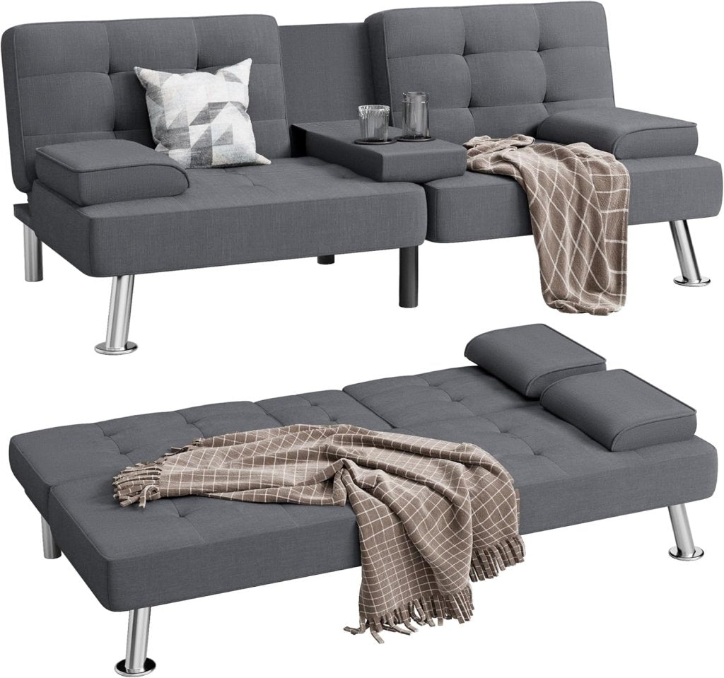Shahoo Modern Linen Upholstered Convertible Folding Futon Sofa Bed with Removable Armrests, Metal Legs, 2 Cup Holders for Living Room - Wigtrends