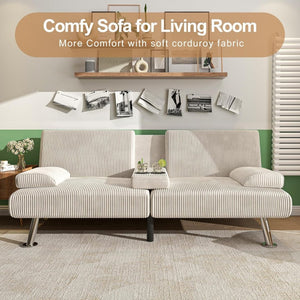 Shahoo Modern Linen Upholstered Convertible Folding Futon Sofa Bed with Removable Armrests, Metal Legs, 2 Cup Holders for Living Room - Wigtrends