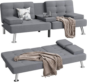 Shahoo Modern Linen Upholstered Convertible Folding Futon Sofa Bed with Removable Armrests, Metal Legs, 2 Cup Holders for Living Room - Wigtrends