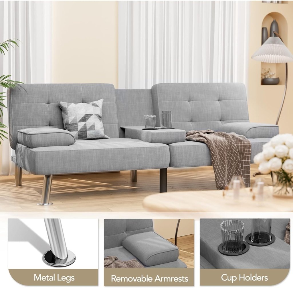 Shahoo Modern Linen Upholstered Convertible Folding Futon Sofa Bed with Removable Armrests, Metal Legs, 2 Cup Holders for Living Room - Wigtrends