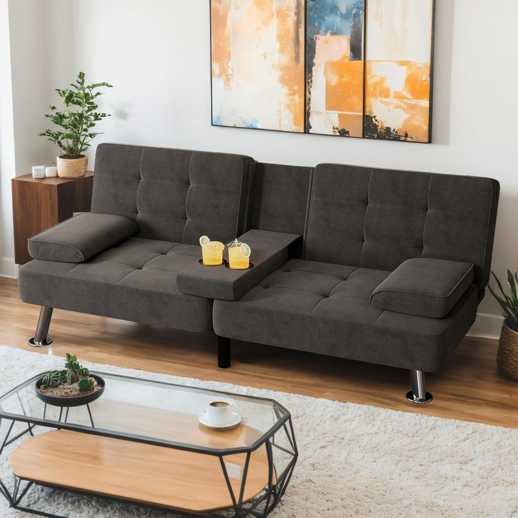 Shahoo Modern Linen Upholstered Convertible Folding Futon Sofa Bed with Removable Armrests, Metal Legs, 2 Cup Holders for Living Room - Wigtrends