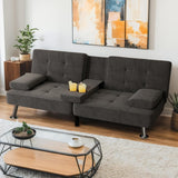 Shahoo Modern Linen Upholstered Convertible Folding Futon Sofa Bed with Removable Armrests, Metal Legs, 2 Cup Holders for Living Room - Wigtrends