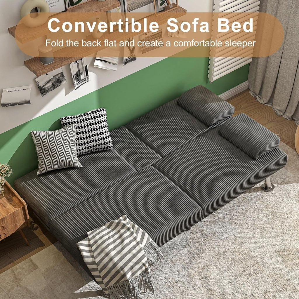 Shahoo Modern Linen Upholstered Convertible Folding Futon Sofa Bed with Removable Armrests, Metal Legs, 2 Cup Holders for Living Room - Wigtrends