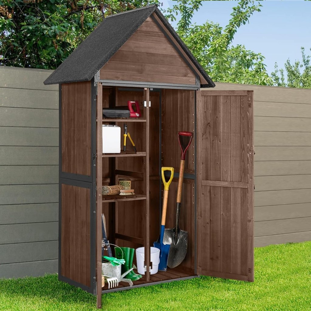 Sheds Outdoor Storage Garden Shed with Metal Frame Structure and Adjustable Shelves Large Capacity Storage Tool Cabinet Box for Backyard Garden Patio Lawn (Brown) - Wigtrends
