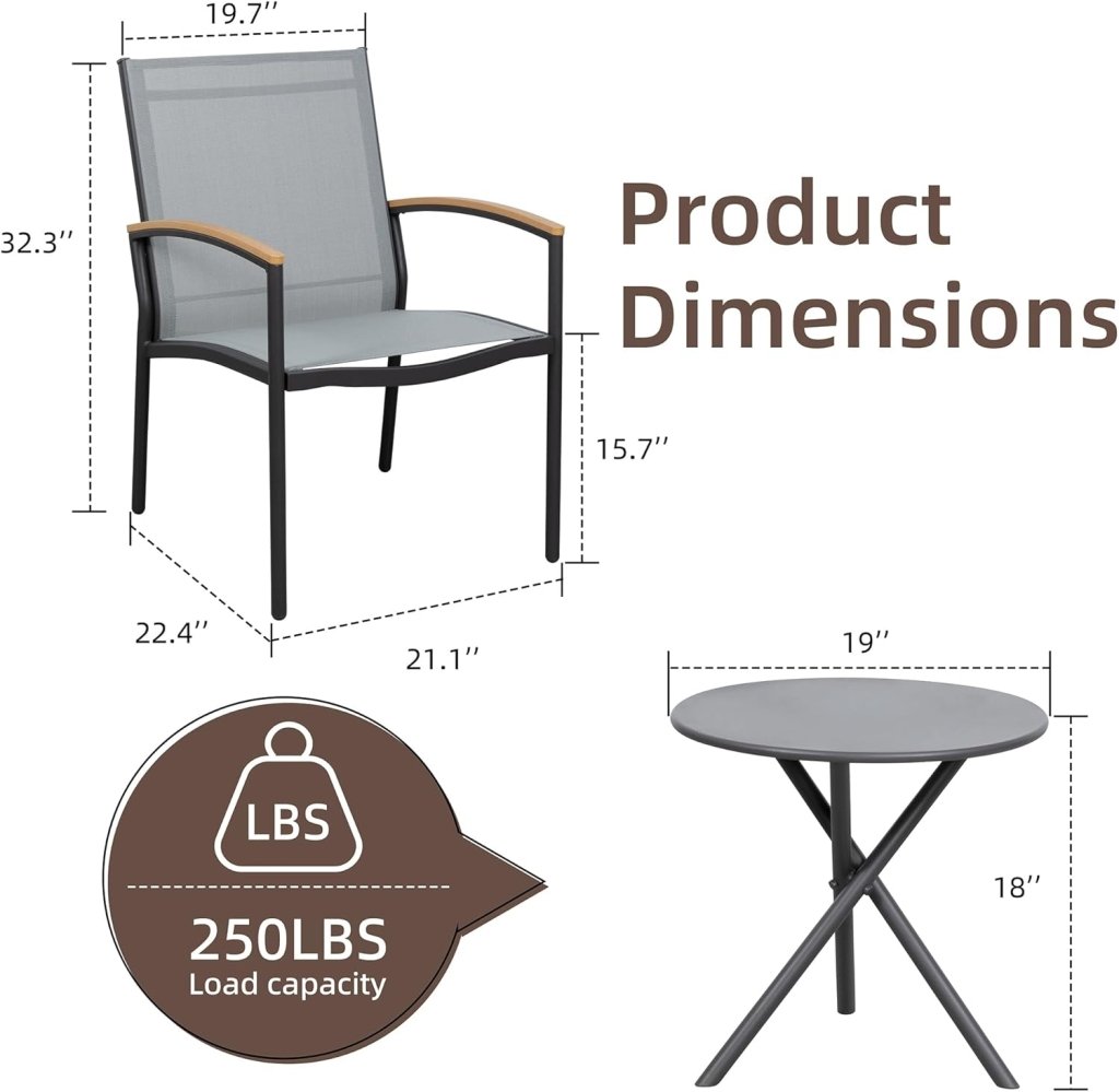 Shintenchi 3 Pieces Patio Bistro Sets, Outdoor Textilene Fabric Conversation Bistro Set, Textilene Fabric Front Porch Chairs Small Patio Furniture Set with Table for Lawn,Garden,Balcony (Black) - Wigtrends