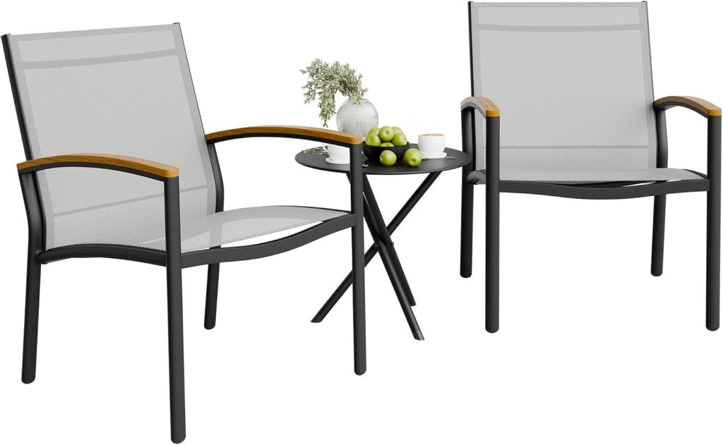 Shintenchi 3 Pieces Patio Bistro Sets, Outdoor Textilene Fabric Conversation Bistro Set, Textilene Fabric Front Porch Chairs Small Patio Furniture Set with Table for Lawn,Garden,Balcony (Black) - Wigtrends