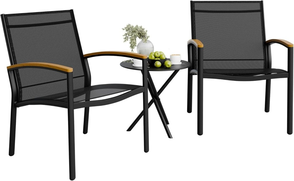 Shintenchi 3 Pieces Patio Bistro Sets, Outdoor Textilene Fabric Conversation Bistro Set, Textilene Fabric Front Porch Chairs Small Patio Furniture Set with Table for Lawn,Garden,Balcony (Black) - Wigtrends
