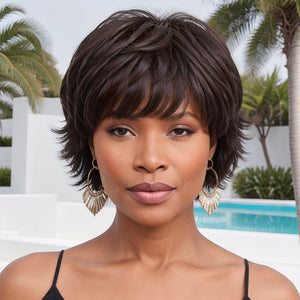 Short Black Wig Layered Pixie Cut Bob Wigs With Bangs 100% Human Hair - Wigtrends