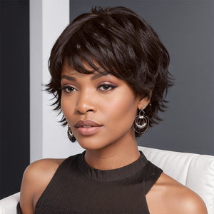 Short Black Wig Layered Pixie Cut Bob Wigs With Bangs 100% Human Hair - Wigtrends