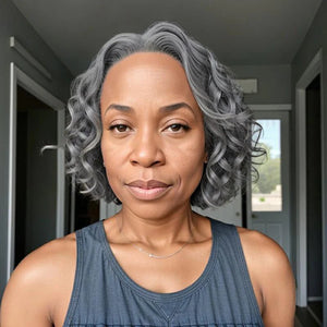 Short Bob Water Wave Glueless 13x4 Closure Lace Wig 100% Human Hair Silver Gray Wigs - Wigtrends