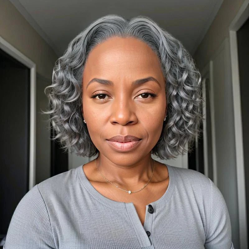 Short Bob Water Wave Glueless 13x4 Closure Lace Wig 100% Human Hair Silver Gray Wigs - Wigtrends