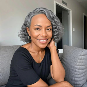 Short Bob Water Wave Glueless 13x4 Closure Lace Wig 100% Human Hair Silver Gray Wigs - Wigtrends