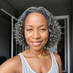 Short Bob Water Wave Glueless 13x4 Closure Lace Wig 100% Human Hair Silver Gray Wigs - Wigtrends