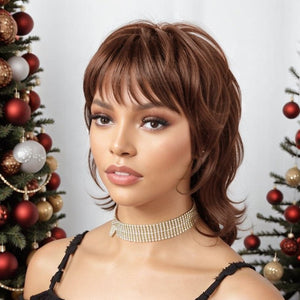 Short Brown Hair Shaggy Layered 80s Mullet Wig Pixie Cut Wig With Bangs Curly 100% Human Hair - Wigtrends