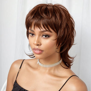 Short Brown Hair Shaggy Layered 80s Mullet Wig Pixie Cut Wig With Bangs Curly 100% Human Hair - Wigtrends