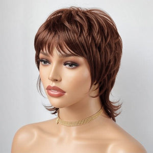 Short Brown Hair Shaggy Layered 80s Mullet Wig Pixie Cut Wig With Bangs Curly 100% Human Hair - Wigtrends