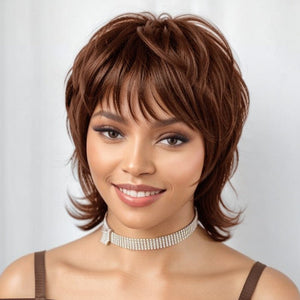 Short Brown Hair Shaggy Layered 80s Mullet Wig Pixie Cut Wig With Bangs Curly 100% Human Hair - Wigtrends