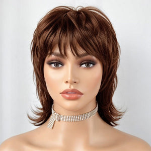 Short Brown Hair Shaggy Layered 80s Mullet Wig Pixie Cut Wig With Bangs Curly 100% Human Hair - Wigtrends