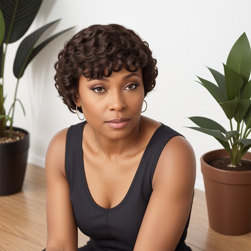 Short Brown Hair Style With Pin - Curls Bangs Bob Curly Human Hair For Black Woman - Wigtrends