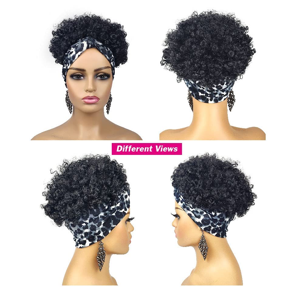 Short Curly Wigs with Headbands Attached for Black Women Synthitic Kinky Curly Afro Puff No Drawstring Ponytail Wig Headwrap Hairstyles With 2 Clips(T1B/Grey) - Wigtrends