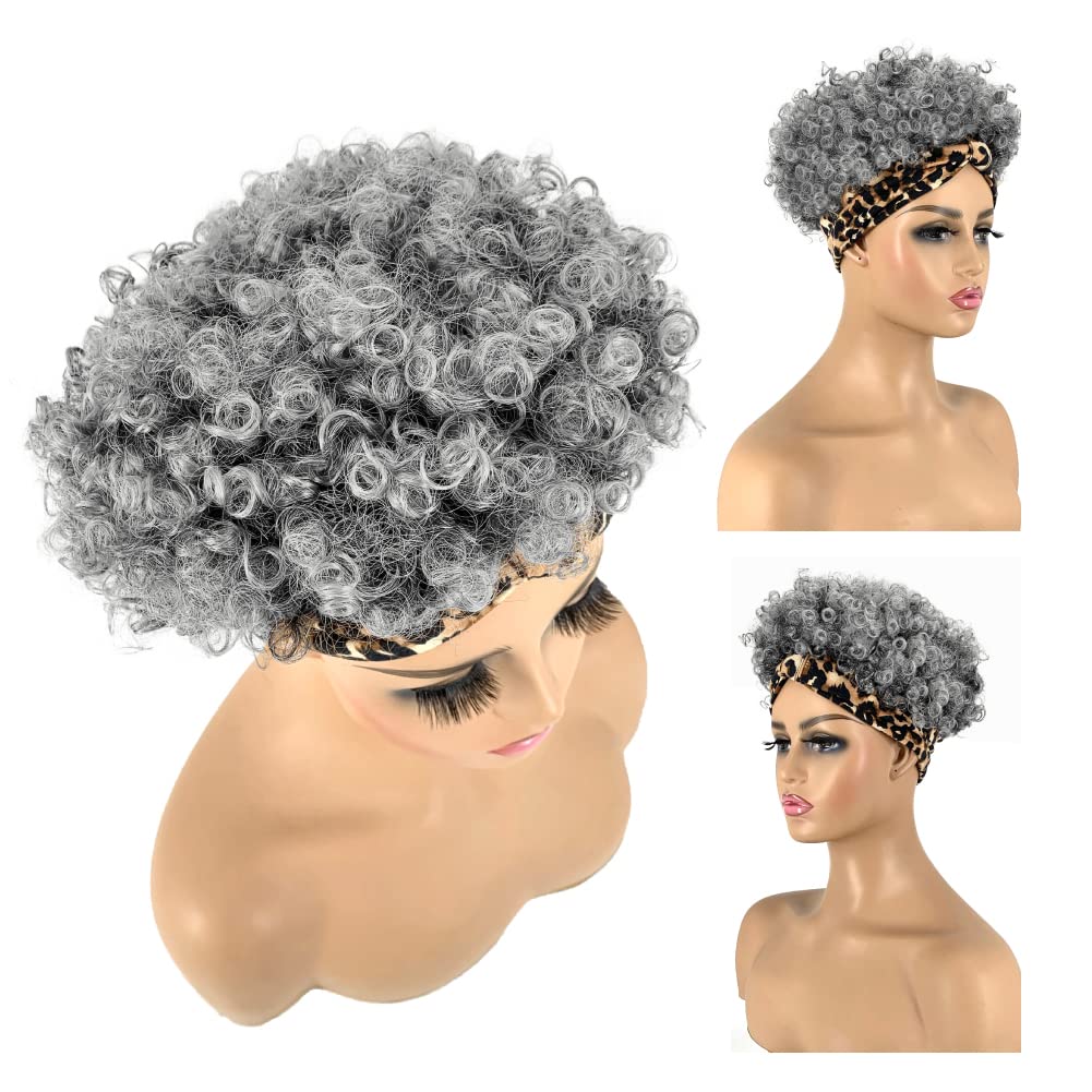 Short Curly Wigs with Headbands Attached for Black Women Synthitic Kinky Curly Afro Puff No Drawstring Ponytail Wig Headwrap Hairstyles With 2 Clips(T1B/Grey) - Wigtrends