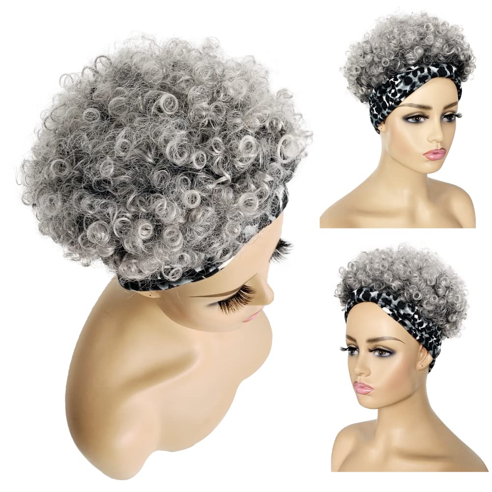 Short Curly Wigs with Headbands Attached for Black Women Synthitic Kinky Curly Afro Puff No Drawstring Ponytail Wig Headwrap Hairstyles With 2 Clips(T1B/Grey) - Wigtrends