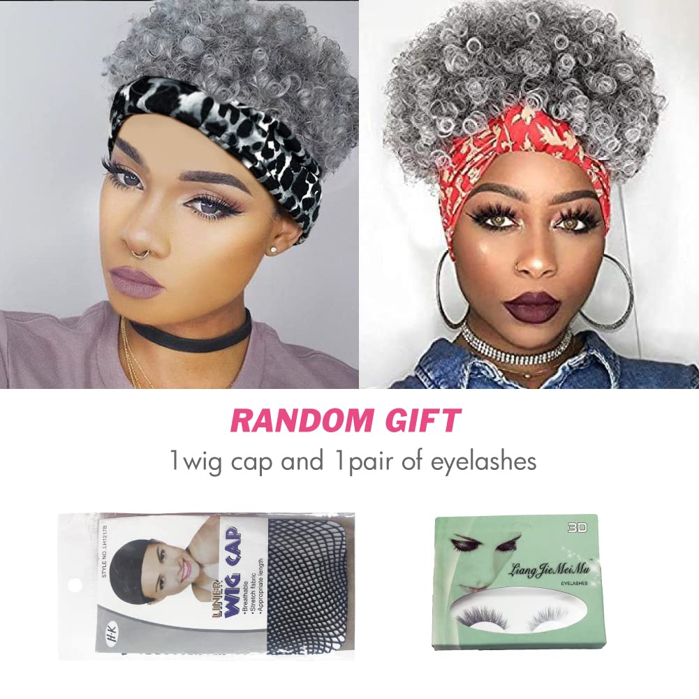 Short Curly Wigs with Headbands Attached for Black Women Synthitic Kinky Curly Afro Puff No Drawstring Ponytail Wig Headwrap Hairstyles With 2 Clips(T1B/Grey) - Wigtrends