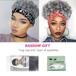 Short Curly Wigs with Headbands Attached for Black Women Synthitic Kinky Curly Afro Puff No Drawstring Ponytail Wig Headwrap Hairstyles With 2 Clips(T1B/Grey) - Wigtrends