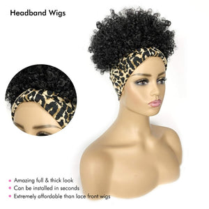 Short Curly Wigs with Headbands Attached for Black Women Synthitic Kinky Curly Afro Puff No Drawstring Ponytail Wig Headwrap Hairstyles With 2 Clips(T1B/Grey) - Wigtrends