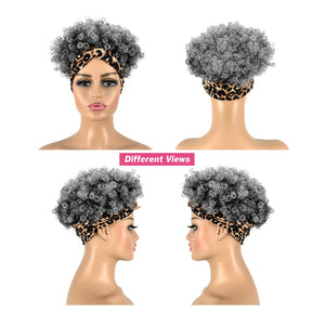 Short Curly Wigs with Headbands Attached for Black Women Synthitic Kinky Curly Afro Puff No Drawstring Ponytail Wig Headwrap Hairstyles With 2 Clips(T1B/Grey) - Wigtrends