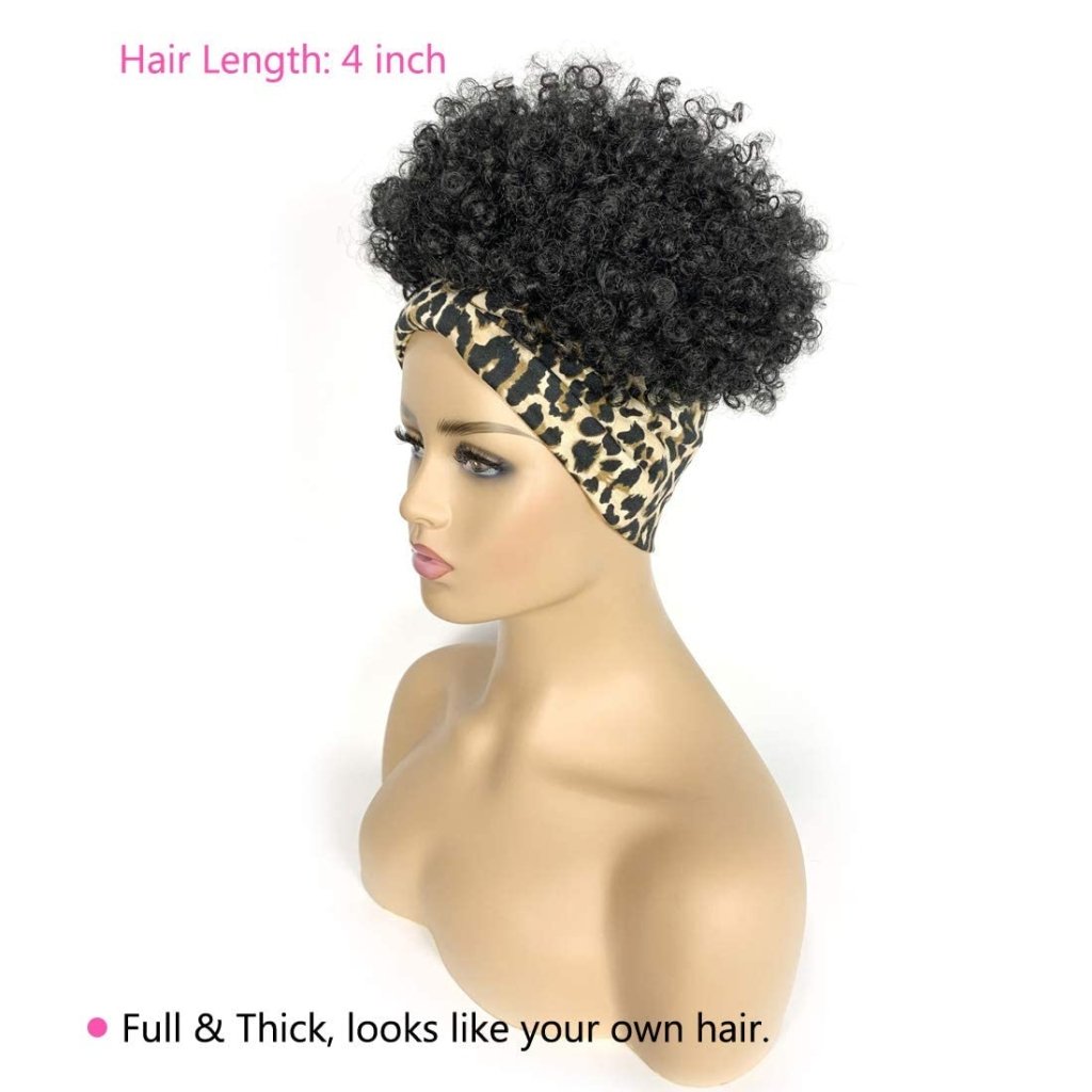 Short Curly Wigs with Headbands Attached for Black Women Synthitic Kinky Curly Afro Puff No Drawstring Ponytail Wig Headwrap Hairstyles With 2 Clips(T1B/Grey) - Wigtrends