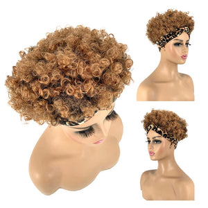 Short Curly Wigs with Headbands Attached for Black Women Synthitic Kinky Curly Afro Puff No Drawstring Ponytail Wig Headwrap Hairstyles With 2 Clips(T1B/Grey) - Wigtrends