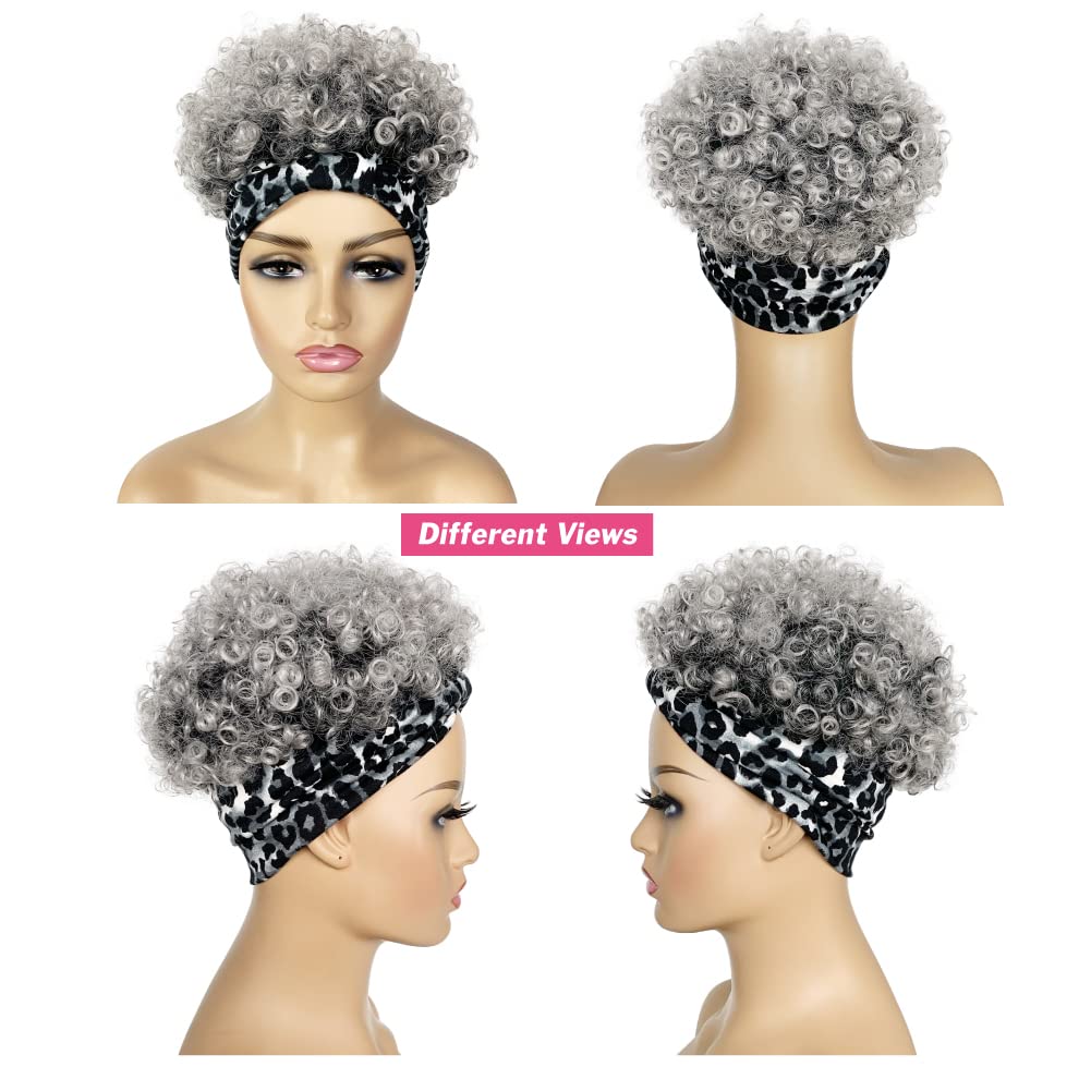 Short Curly Wigs with Headbands Attached for Black Women Synthitic Kinky Curly Afro Puff No Drawstring Ponytail Wig Headwrap Hairstyles With 2 Clips(T1B/Grey) - Wigtrends