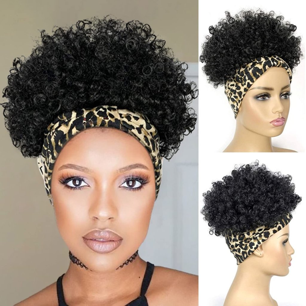 Short Curly Wigs with Headbands Attached for Black Women Synthitic Kinky Curly Afro Puff No Drawstring Ponytail Wig Headwrap Hairstyles With 2 Clips(T1B/Grey) - Wigtrends