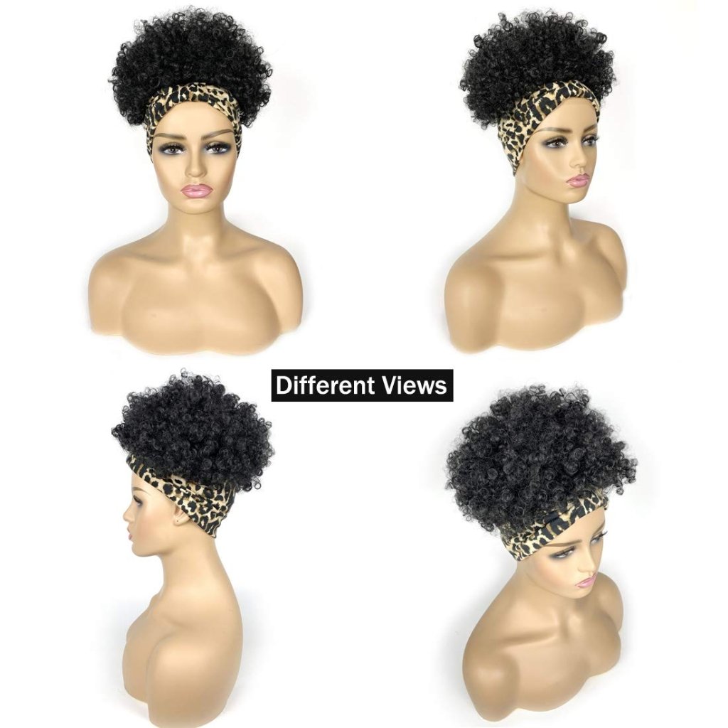 Short Curly Wigs with Headbands Attached for Black Women Synthitic Kinky Curly Afro Puff No Drawstring Ponytail Wig Headwrap Hairstyles With 2 Clips(T1B/Grey) - Wigtrends