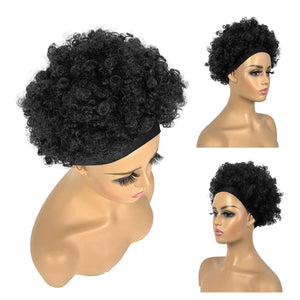 Short Curly Wigs with Headbands Attached for Black Women Synthitic Kinky Curly Afro Puff No Drawstring Ponytail Wig Headwrap Hairstyles With 2 Clips(T1B/Grey) - Wigtrends